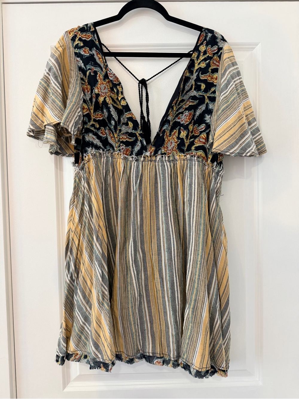 Free People Yellow, Black & Gray Striped Floral Mixed-Print Mini Dress